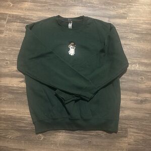 Gildan Dark Green Crewneck Sweater with Embroidered Ghost